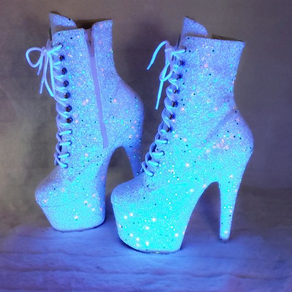 UV White Glow In The Dark Glitter 7" Platform Heel Ankle Boots Adore 1020uvlg - Picture 5 of 16